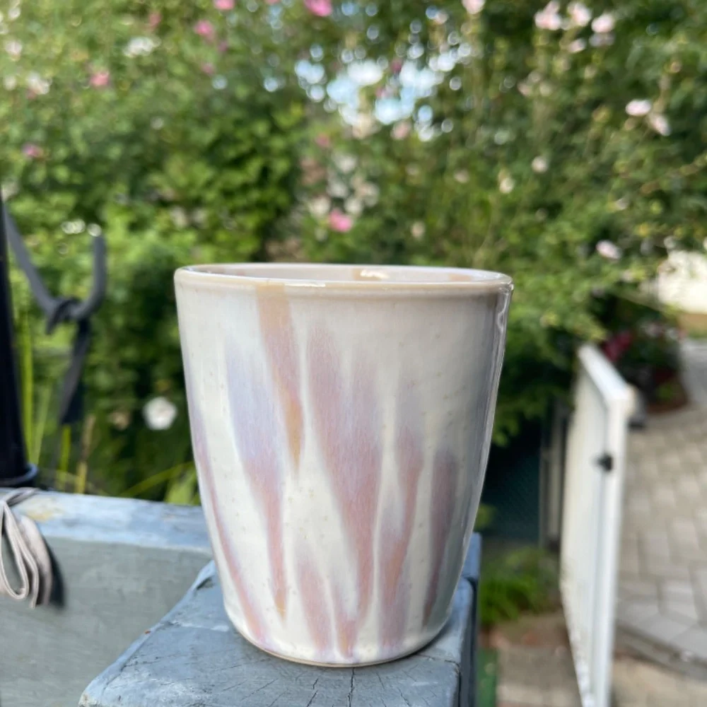 New Crate & Barrel white mug with pink, purple, orange tie dye/watercolor
